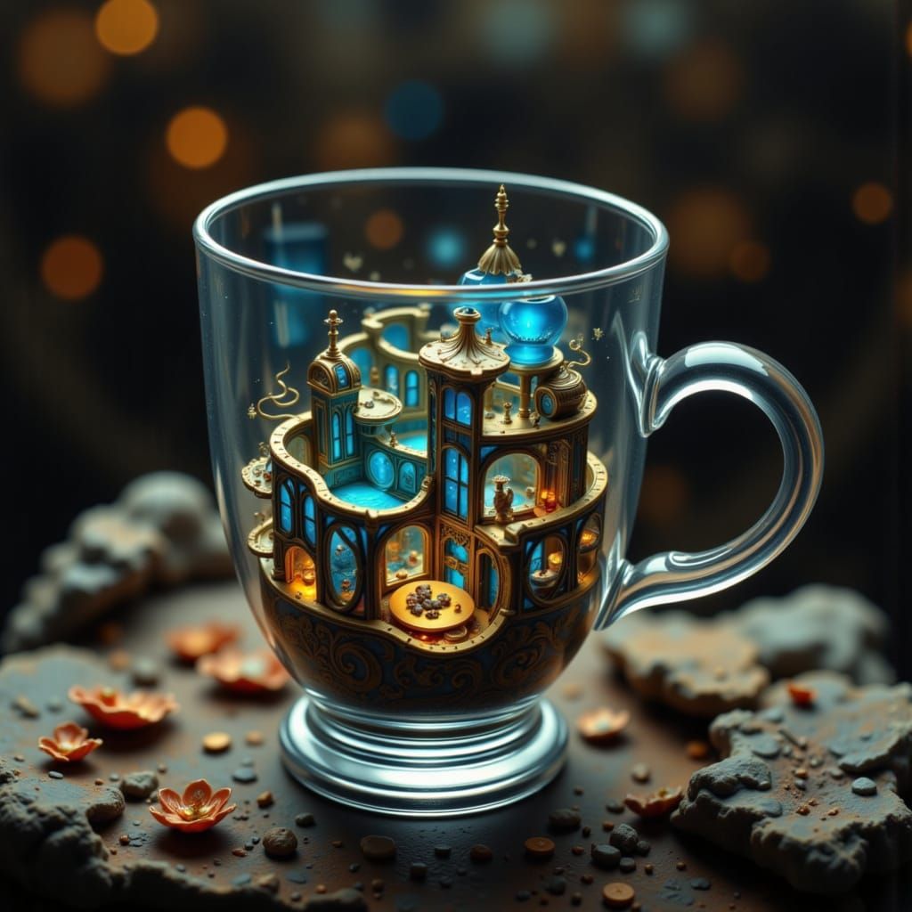 Intricate Labyrinth Inside a Glass Cup, Hyperrealistic