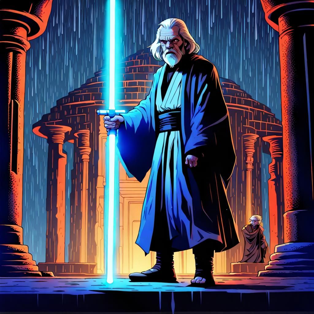 Grumpy Jedi in Rain with Blue Lightsaber