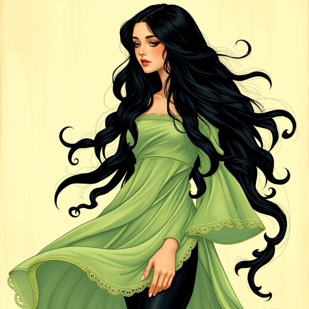 A Lovely Lady in Ethereal Green, Inspired by Art Nouveau