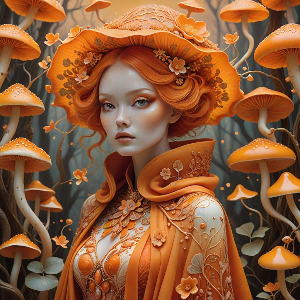 Mystical Woman in Vibrant Orange Dreamscape