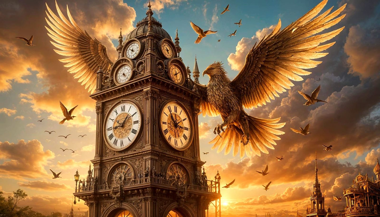 Ornate Clock Tower with Birds in Steampunk Fantasy Style