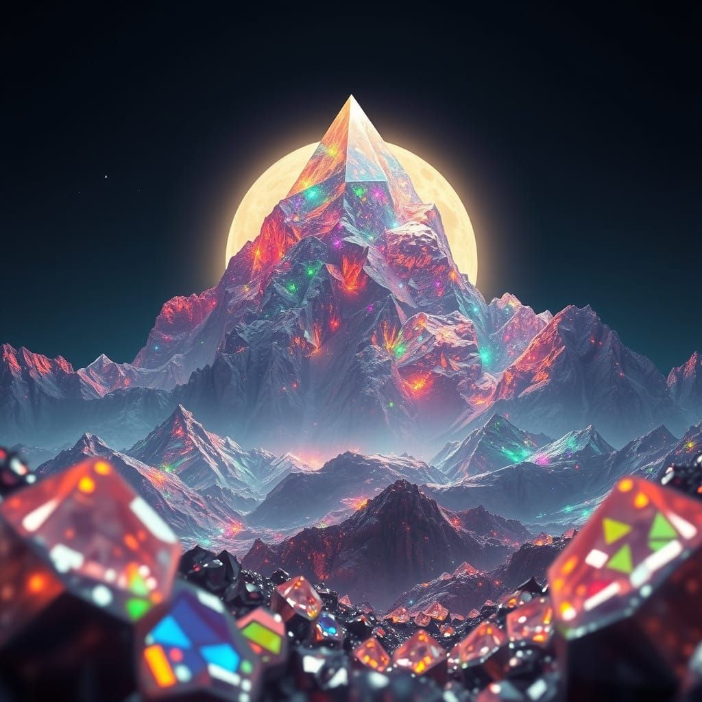 Hyperrealistic Diamond Mountains in a Kaleidoscopic Landscap...