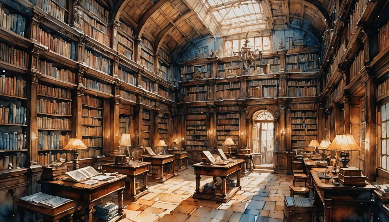 Watercolor Painting of Scholars in Ancient Library