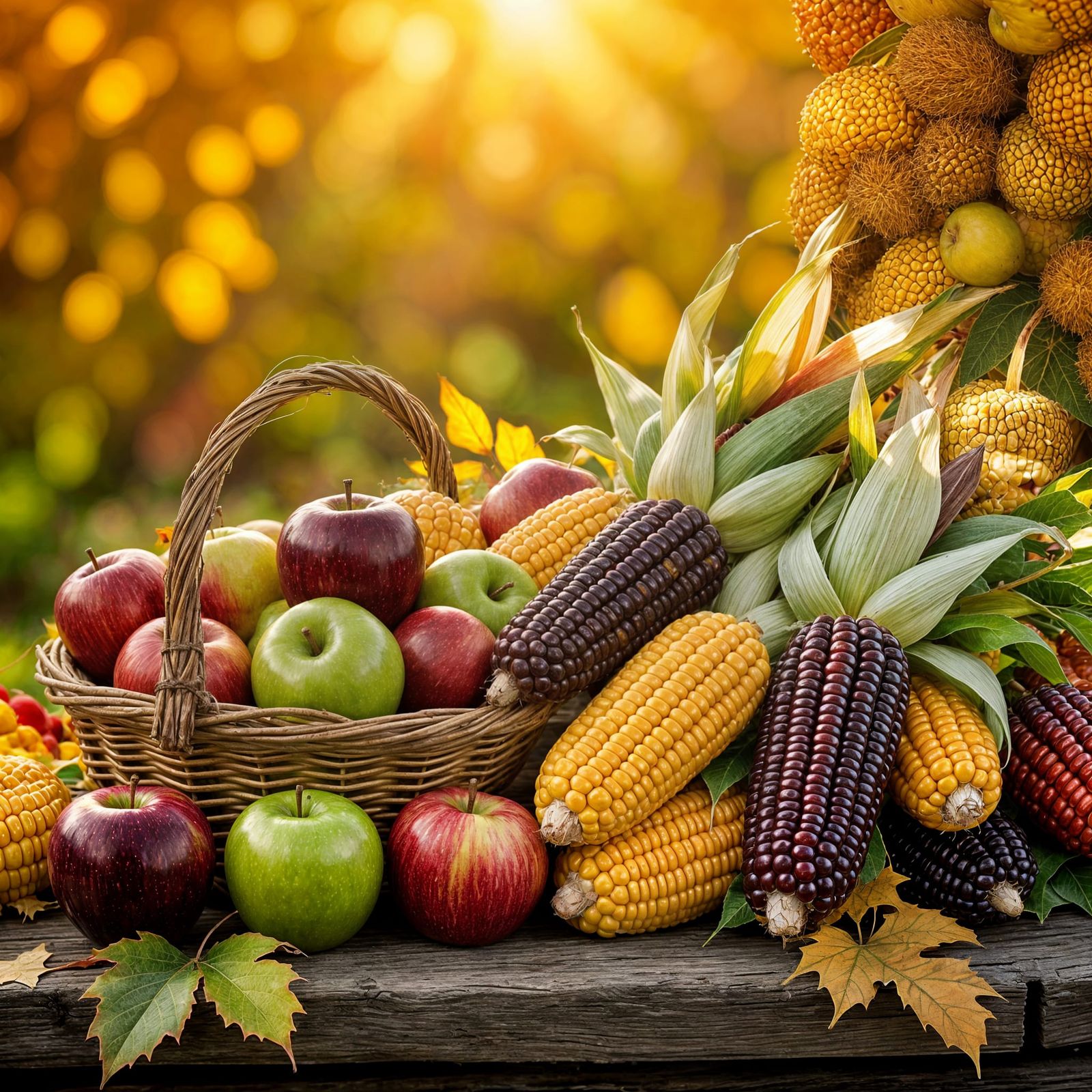 Vibrant Fall Harvest Scene with Apples and Corn