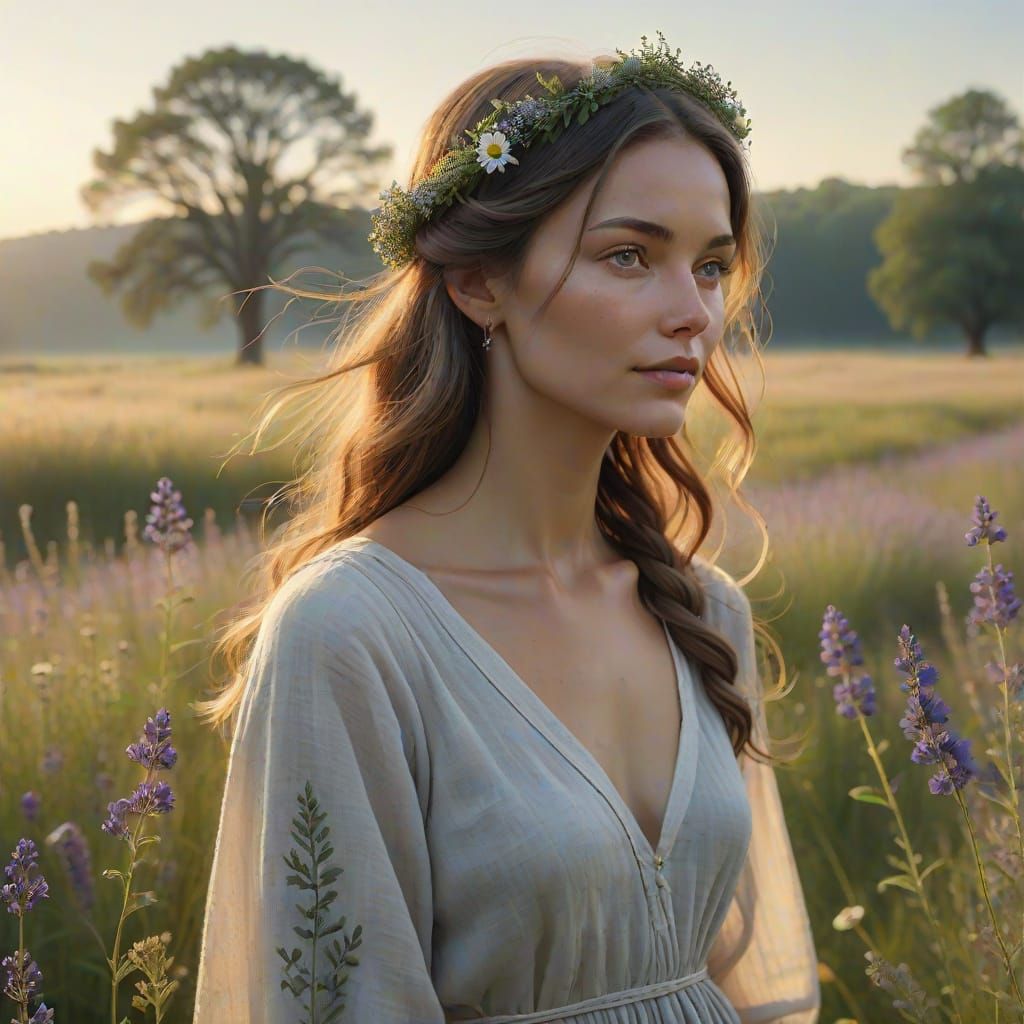Ethereal Portrait of Woman in Meadow as Digital Art