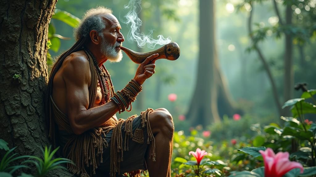 Amazonian Shaman Smoking Pipe in Psychedelic Forest