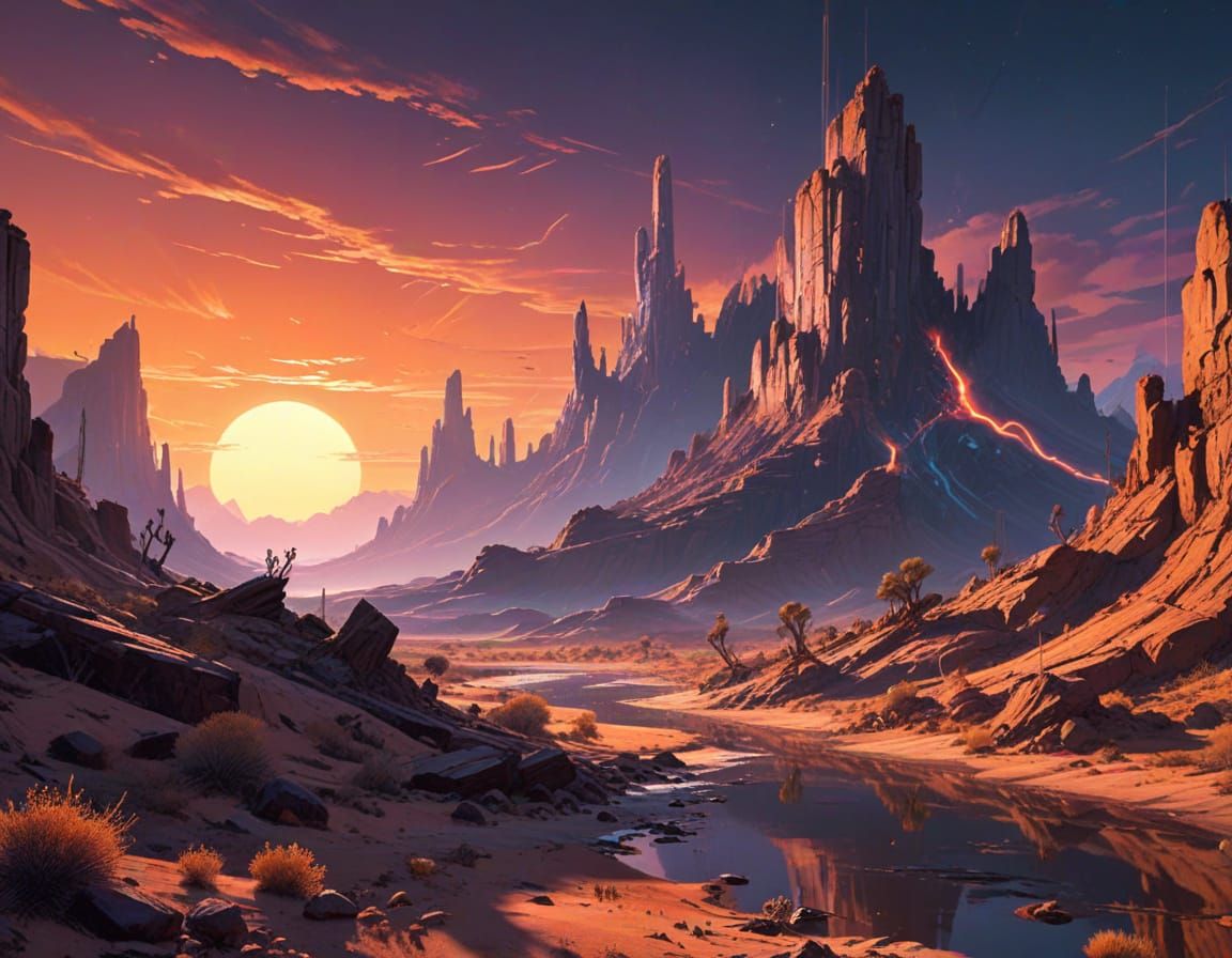 Neon-Lit Dystopian Desert Landscape with Glitching Details