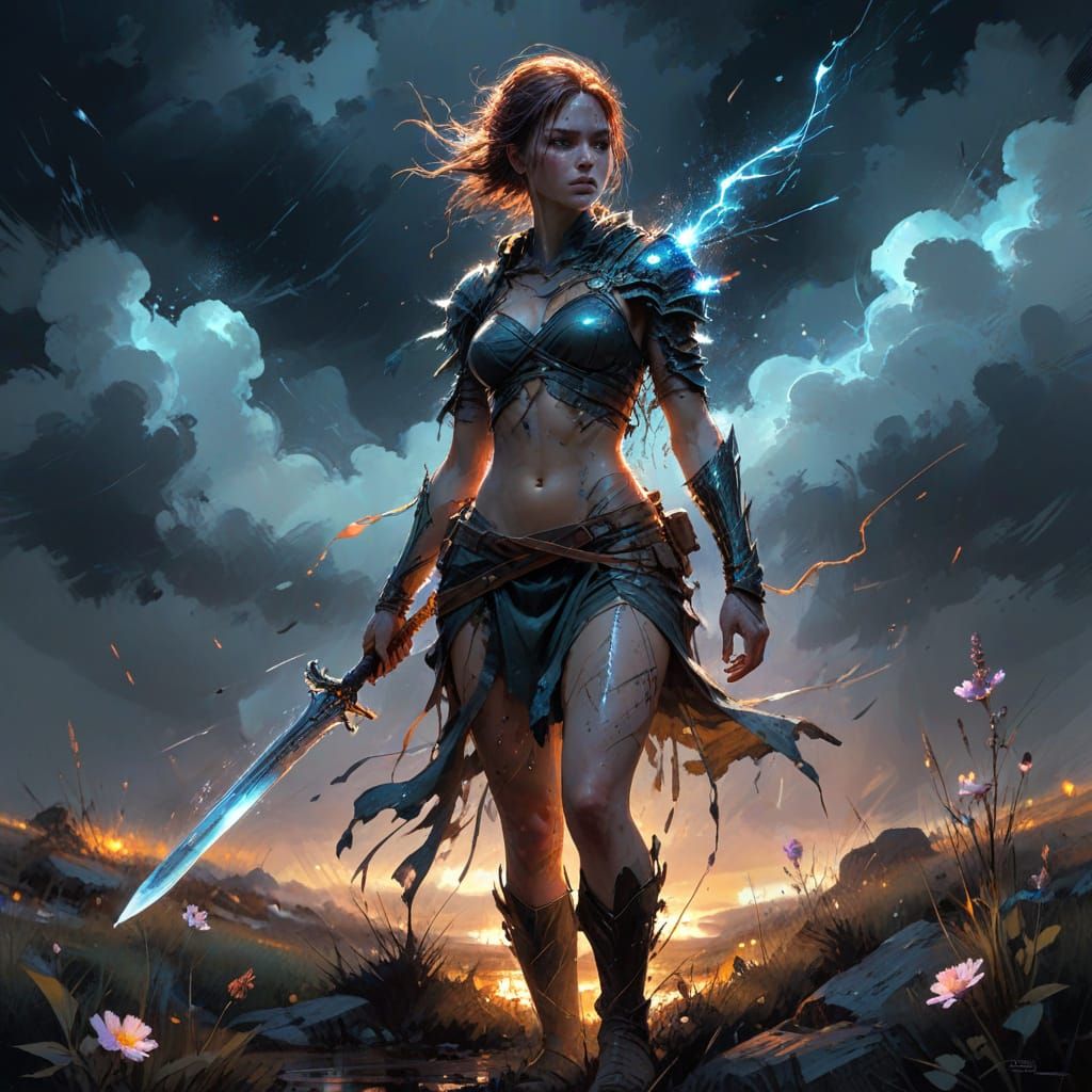 Lone Warrior in Dramatic Fantasy Landscape