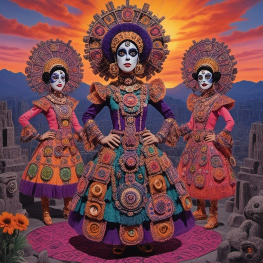 Three Colorful Dancers in a Sunset Landscape