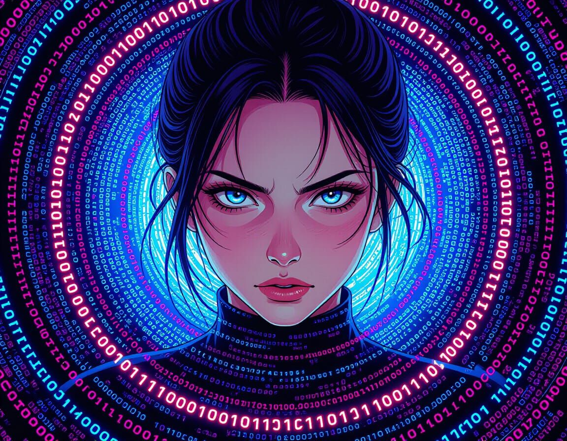 Anime Woman in Cyberpunk Binary Vortex