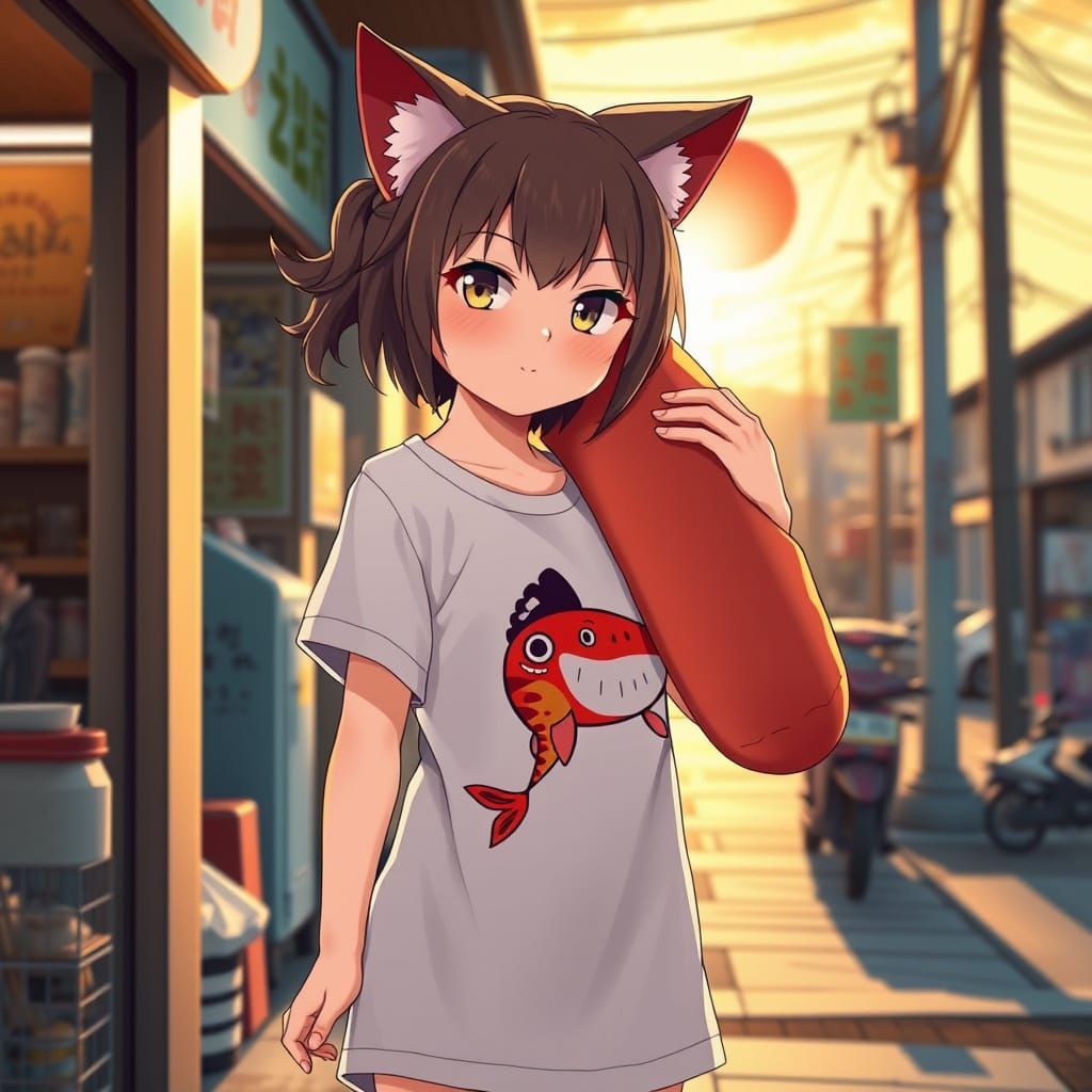 Manga-Inspired Anime Girl Smizes with Cat Ears and Sausage S...