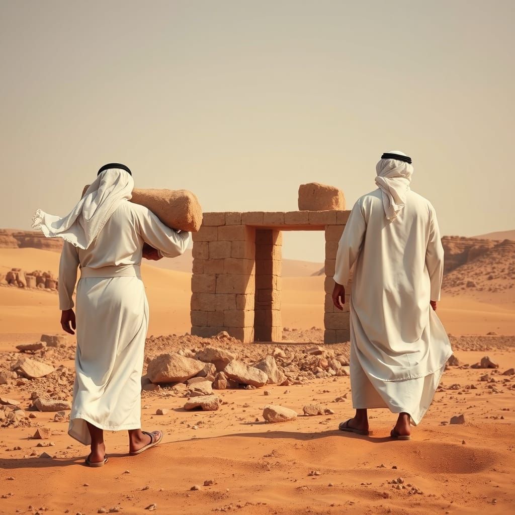 Majestic Arab Workers Constructing in the Desert Landscape