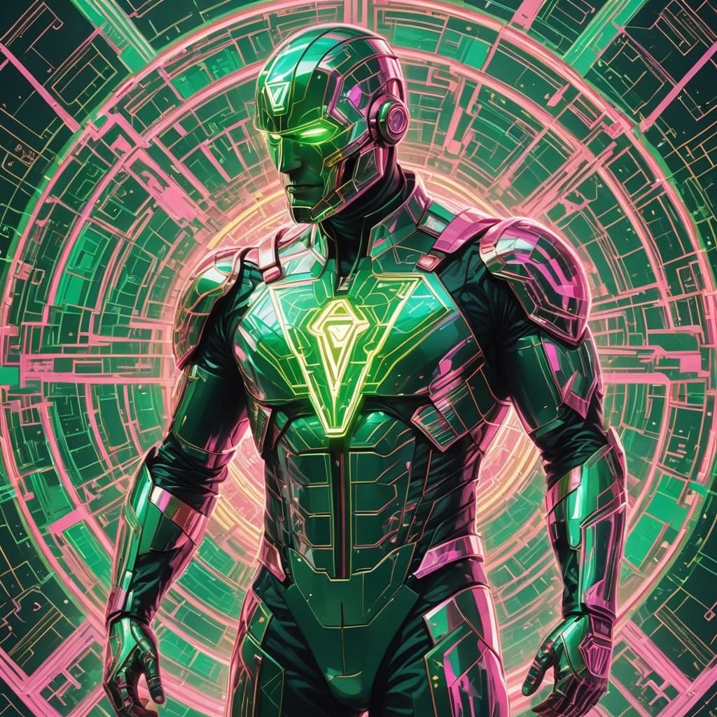 Captain Triangle: Green Digital Circuit Superhero in Pop Art