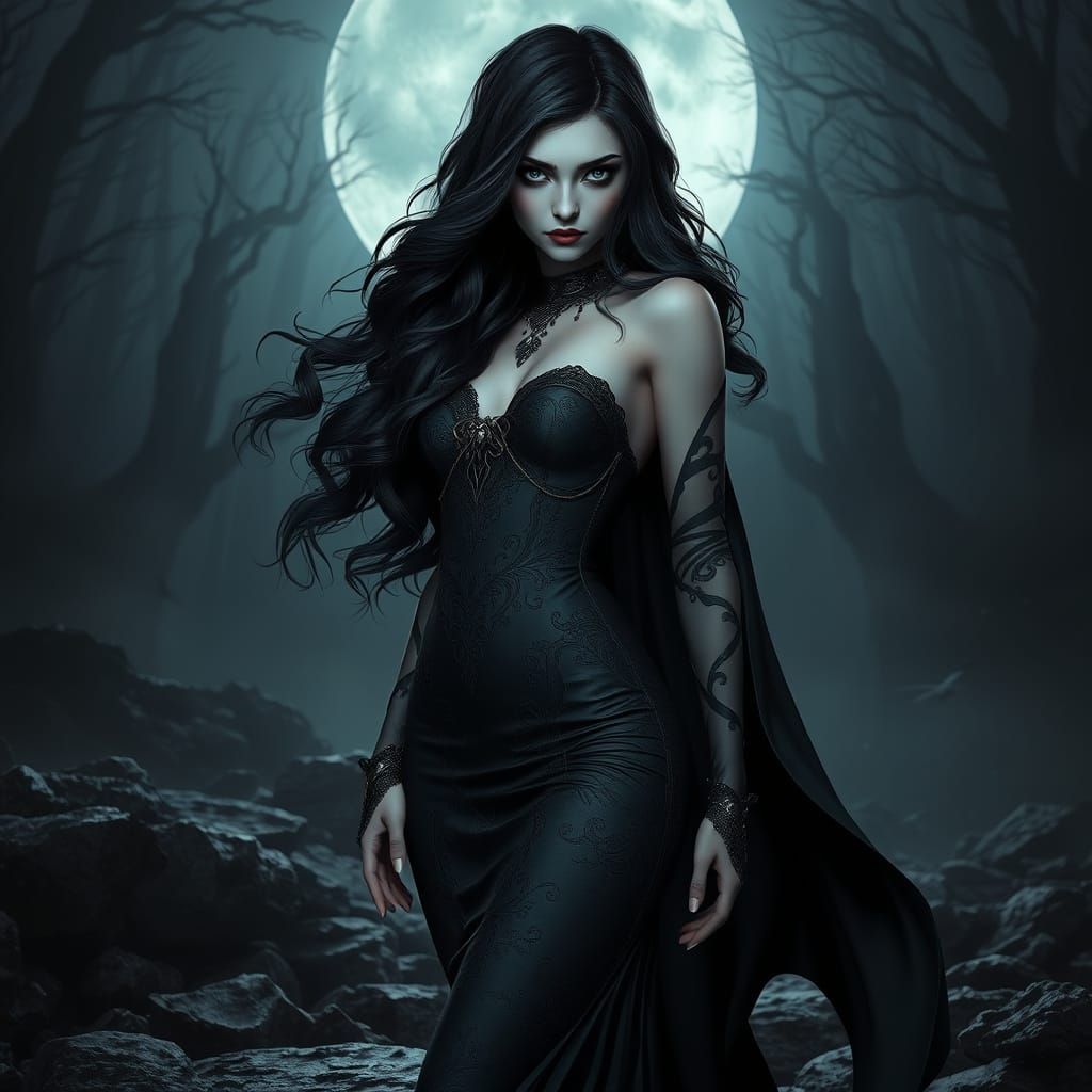 Dark Fantasy Goddess with Haunting Beauty and Gothic Eleganc...