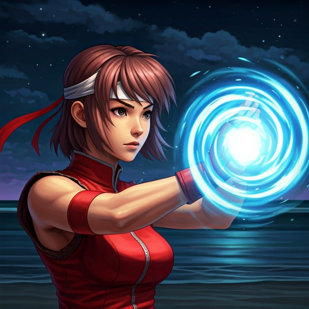 Sakura Kasugano Prepares Hadouken on Night Beach