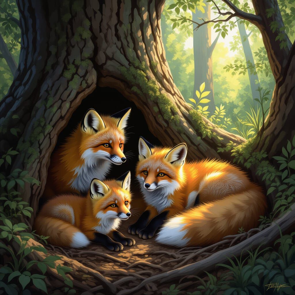 Fox Den in Forest: Mother and Cubs, Matte Painting