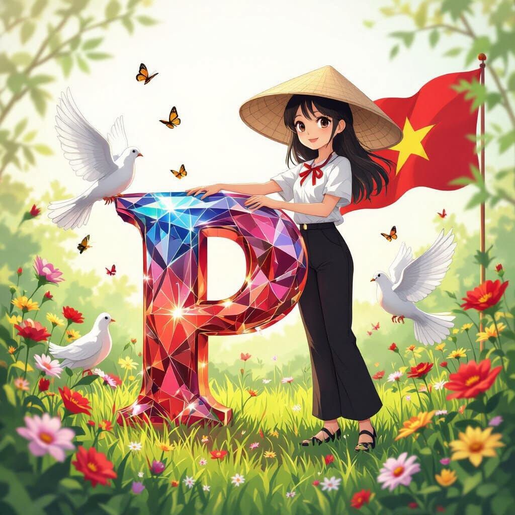 Vietnamese Anime Girl with Gemstone Letter, Pixar Style