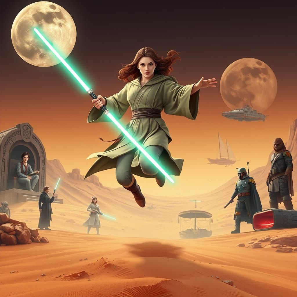 Jedi on Tatooine with Dual Moons, in Anime Style
