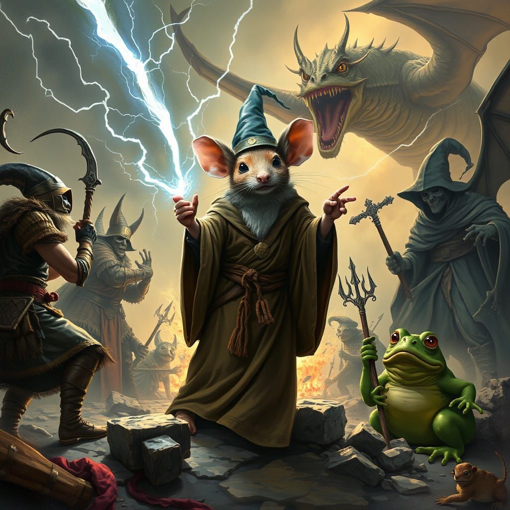 Mouse Wizard Struck by Lightning in Dark Fantasy Battle