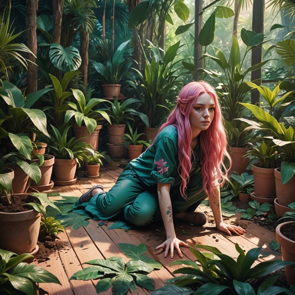 Girl in Jungle of Plants: Detailed Matte Painting