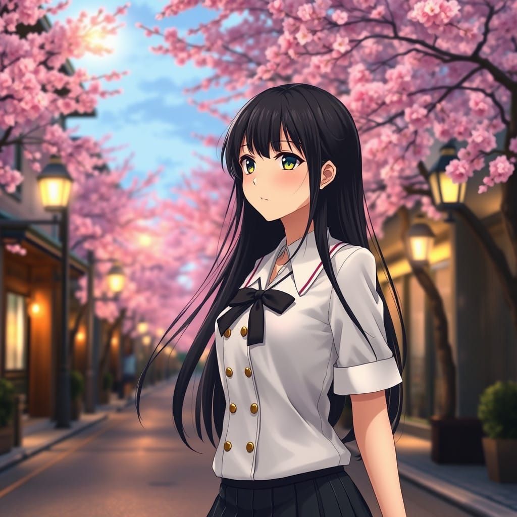 Surreal Japanese Schoolgirl Under Cherry Blossoms with Vinta...