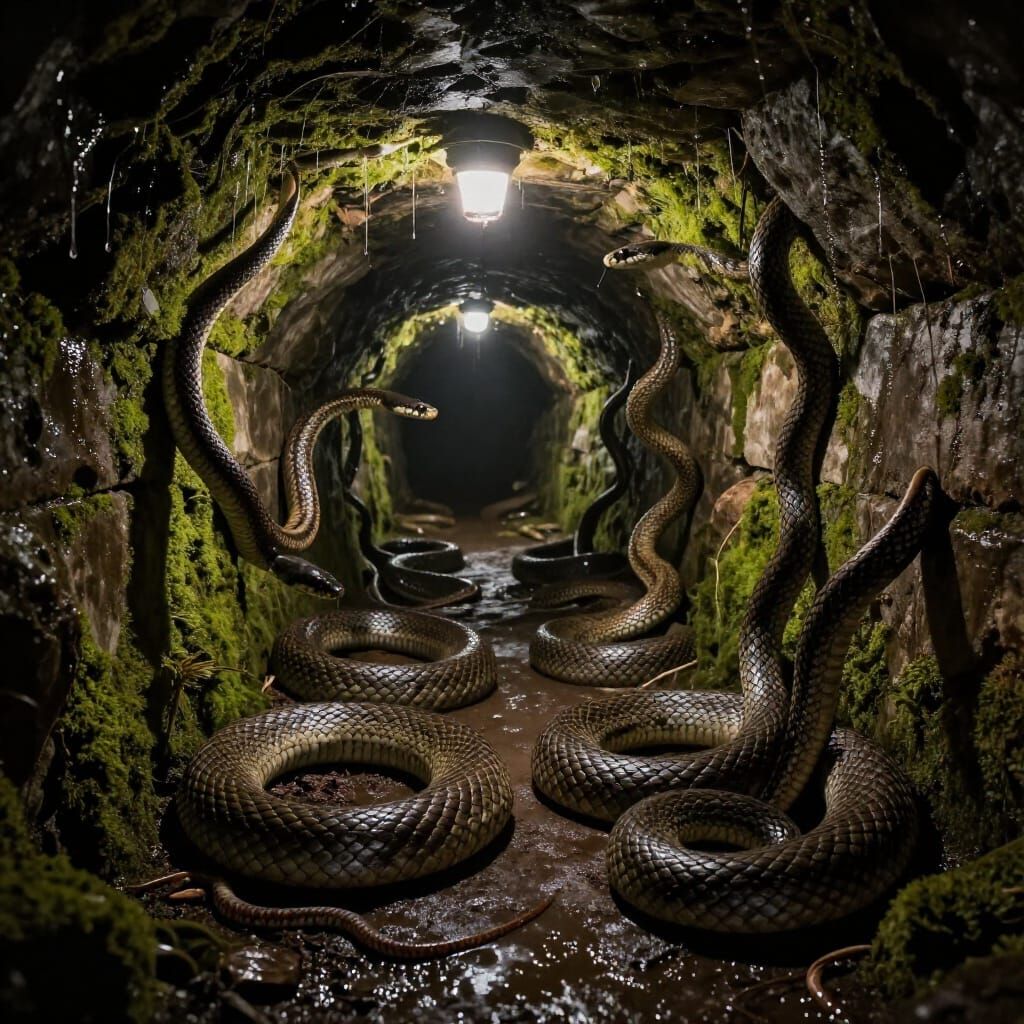 Hyperrealistic Ancient Sewer Tunnel Filled With Snakes