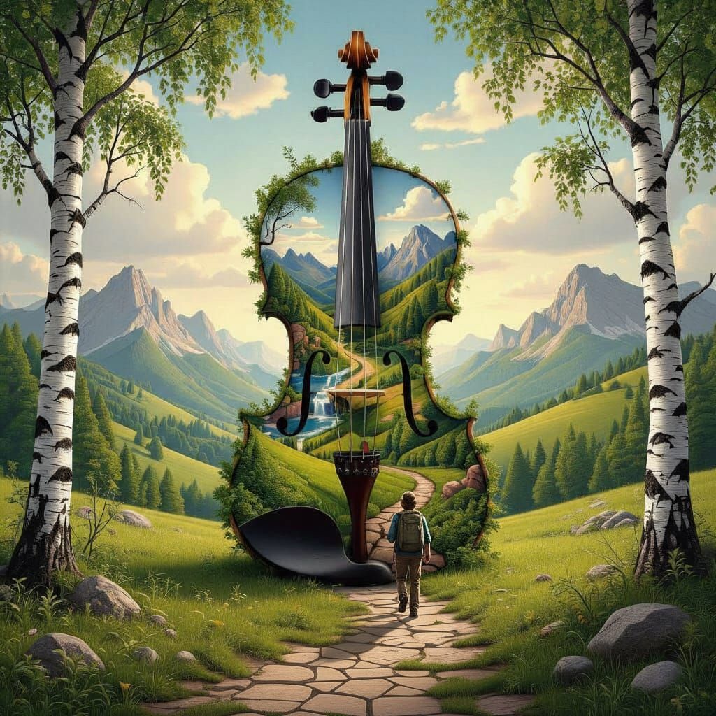 Surreal Cello Landscape with Pathway at Sunrise