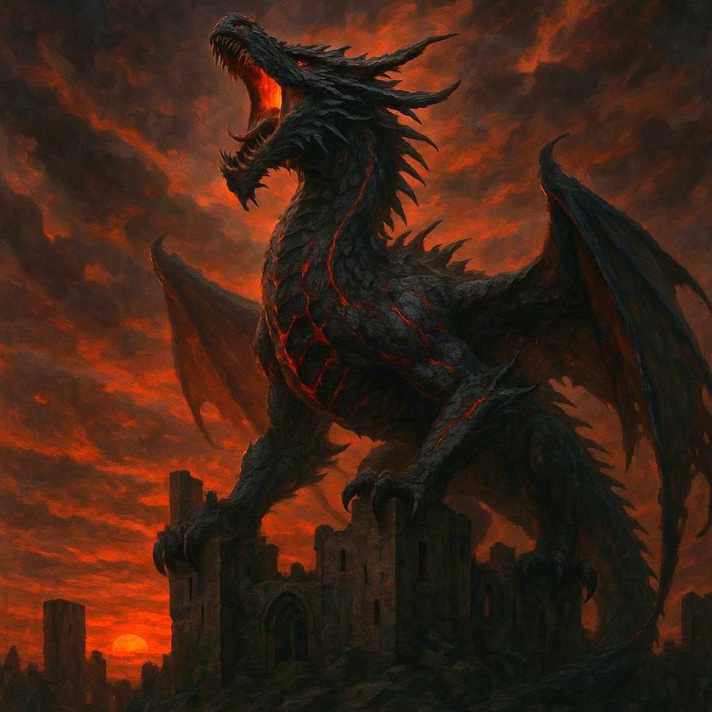 Fearsome Black Dragon Roars at Sunset