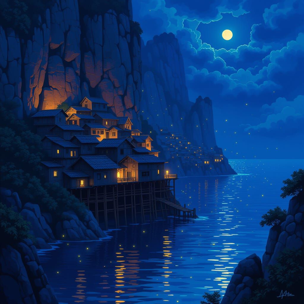 Cliffside Village at Night in Dark Fantasy Style