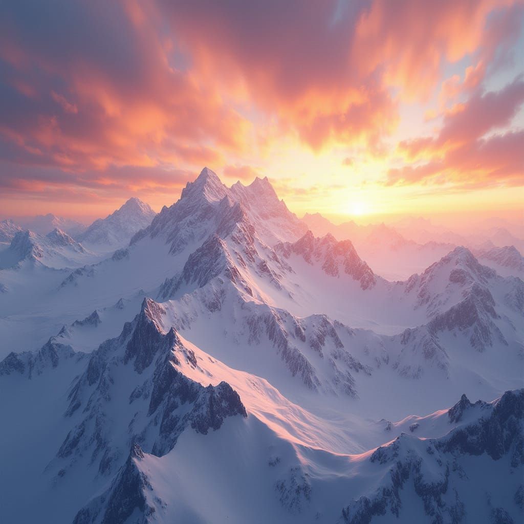 Breathtaking Sunset over Majestic Snow-Capped Mountains in G...