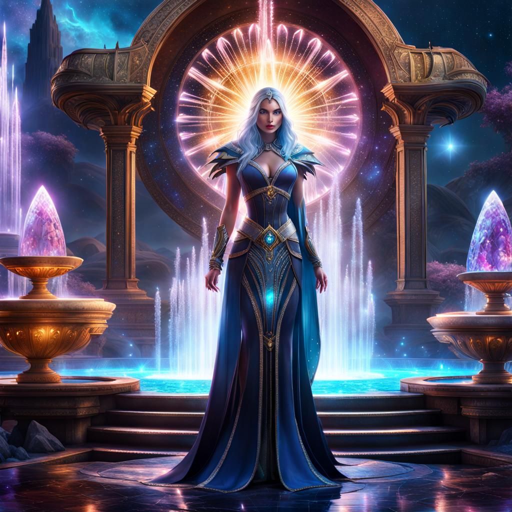 Terrifying Sorceress and Mana Fountain in Dark Fantasy Art