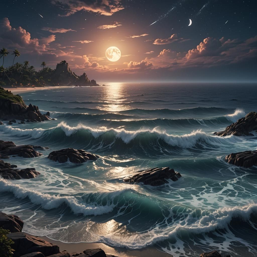 Moonlit Ocean Reflects Night Sky in Detailed Matte Painting