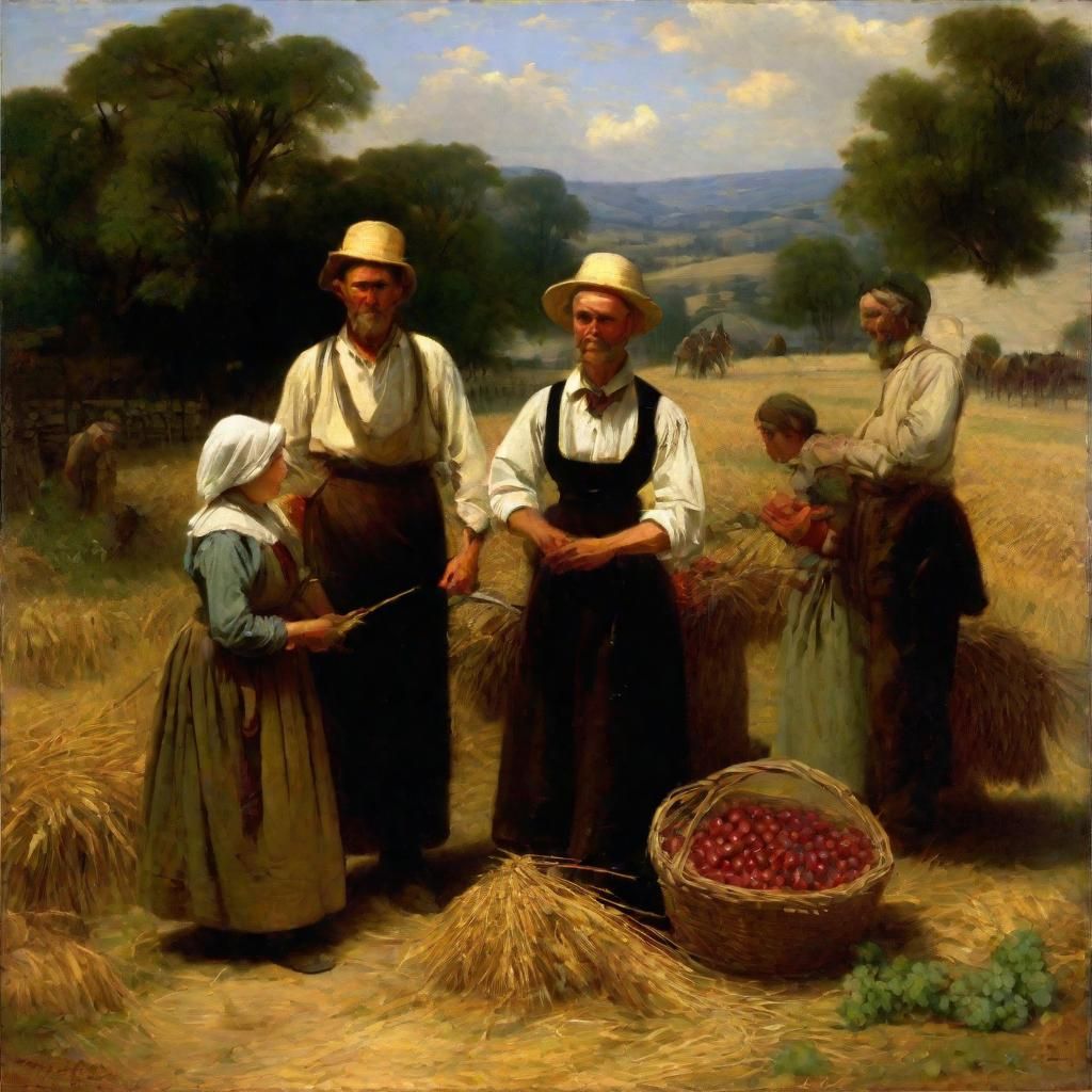 Harvest Gathering in 1850s Oil Painting Style