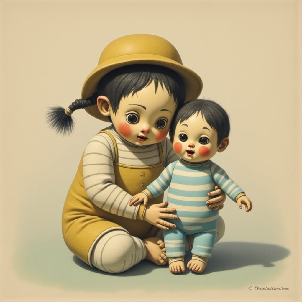 Whimsical Pastel Portrait of a Girl and Her Doll