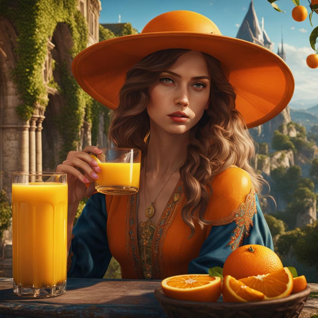Girl Drinking Orange Juice in France: Detailed Matte Paintin...