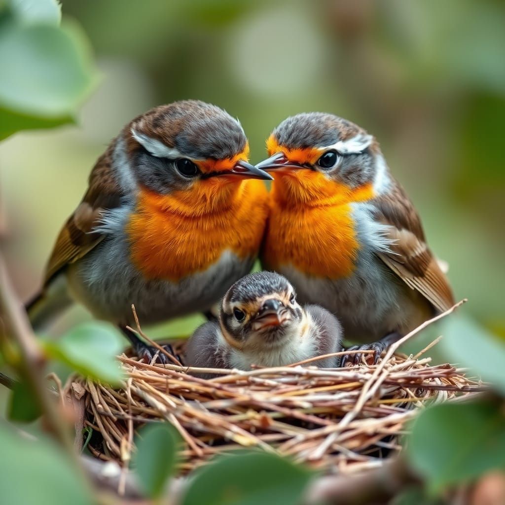 Robins with Nestling