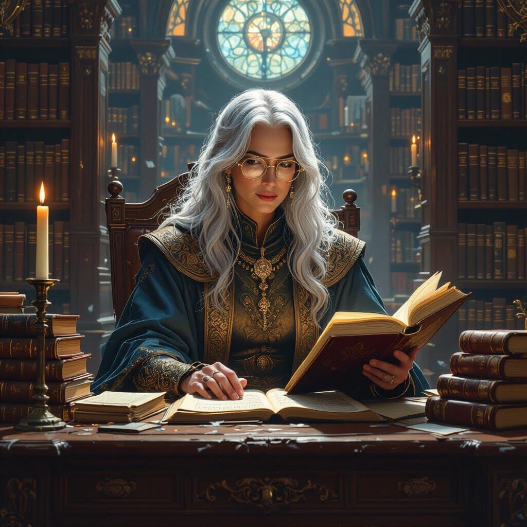 Celestial Librarian Amidst Ancient Tomes in Art Nouveau Styl...