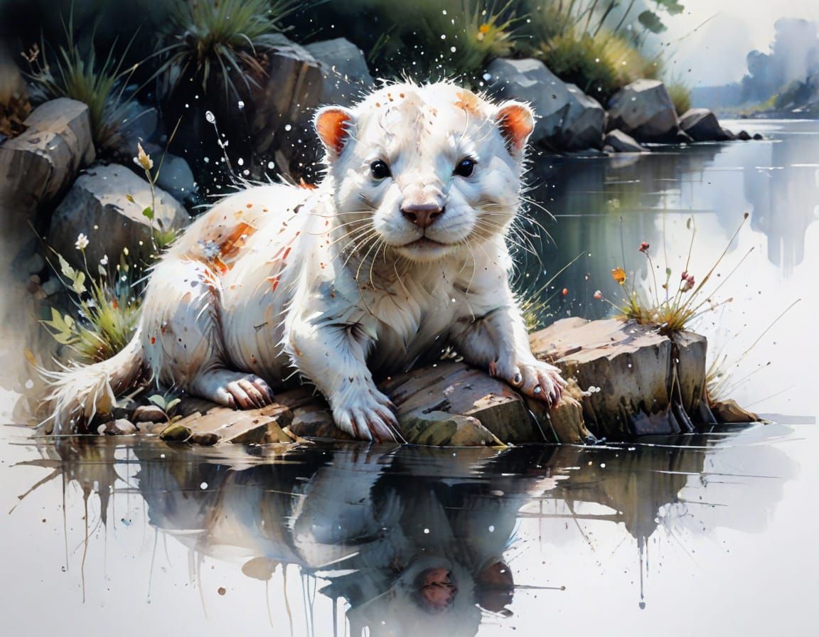 Playful Otter Resting by Water in Watercolour Style