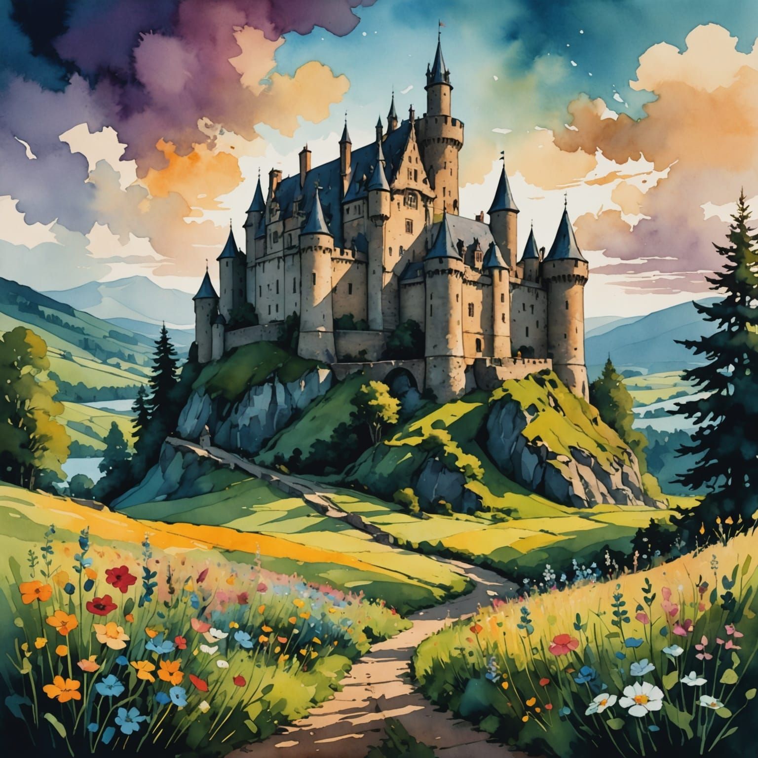 Chiaroscuro Castle with Wildflowers in Watercolor