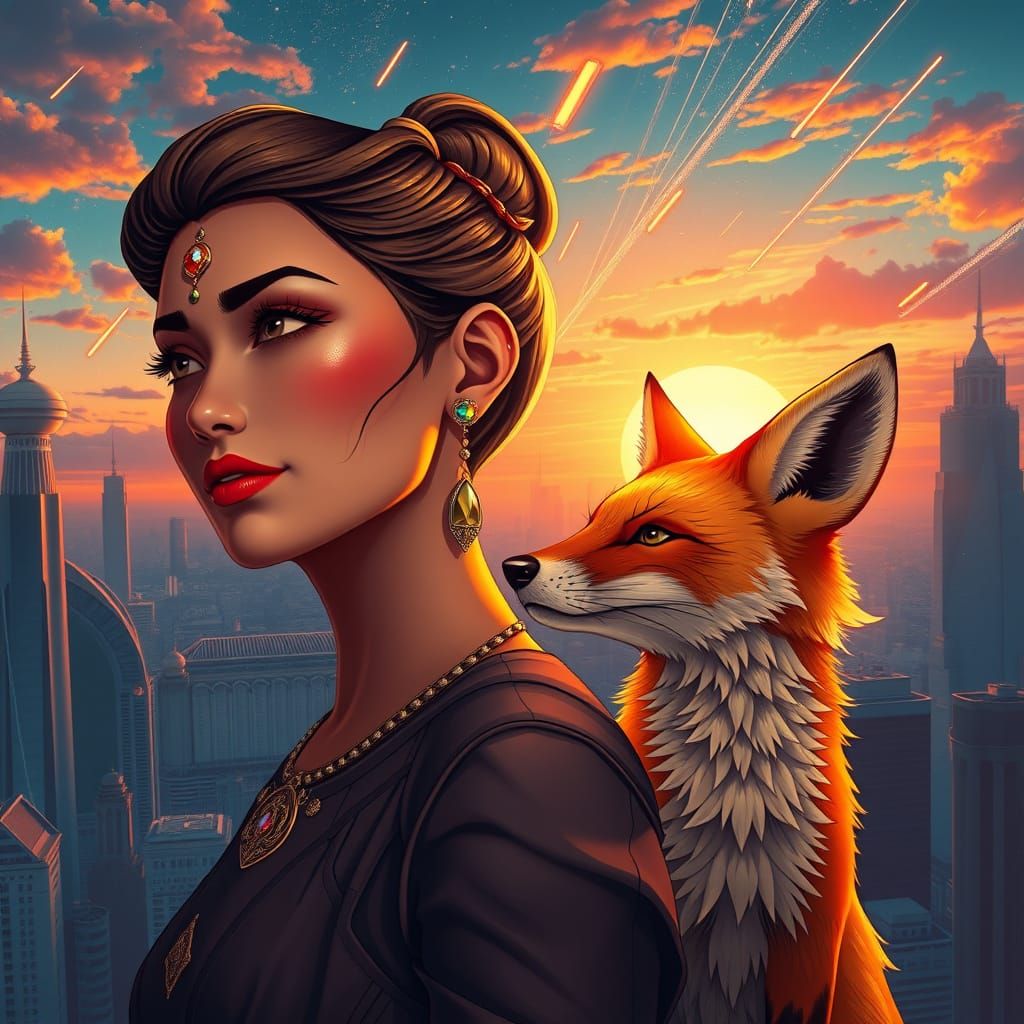 Regal Starfleet Officer with Fox in Ornate Sunset Cityscape