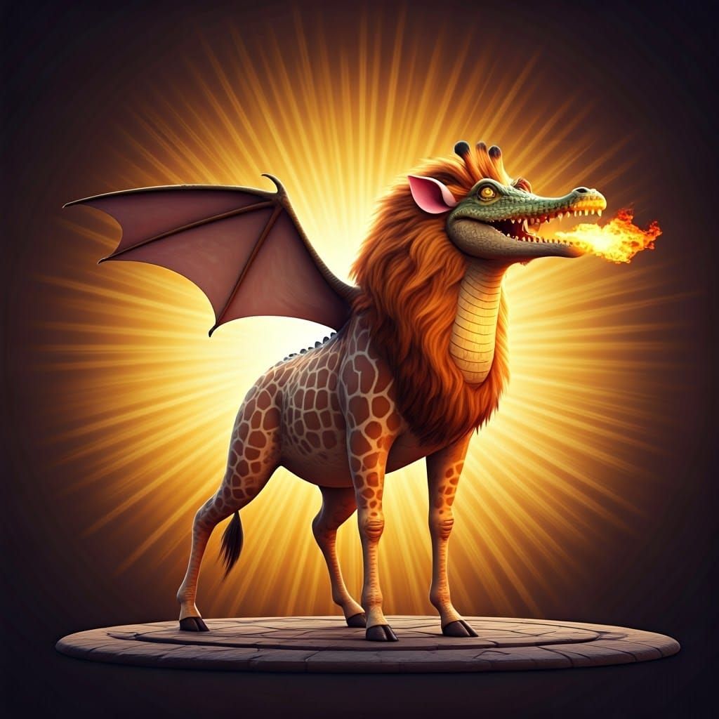 Fantastical Hybrid Creature with Dragon Wings and Fire Breat...
