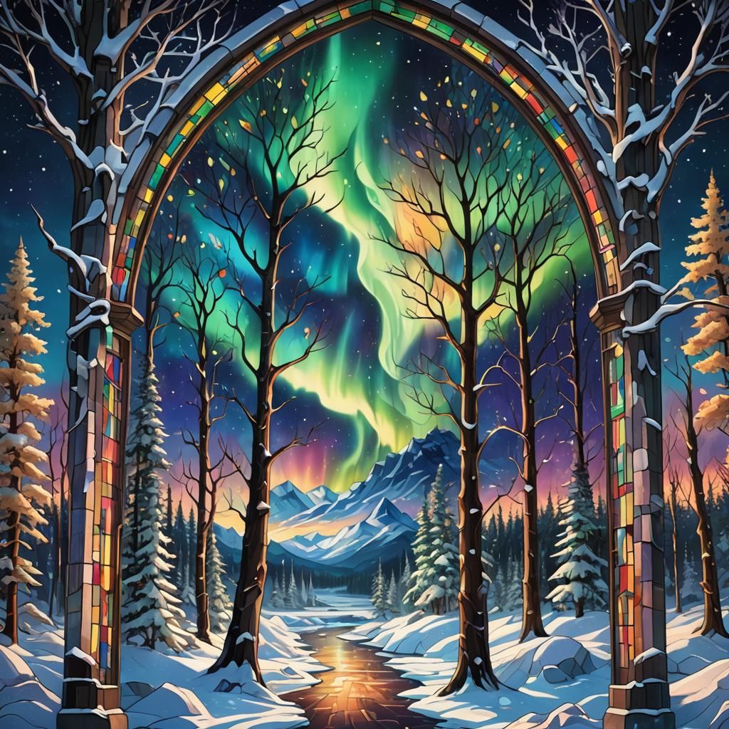 Aurora Borealis Stained Glass Window in Alaska