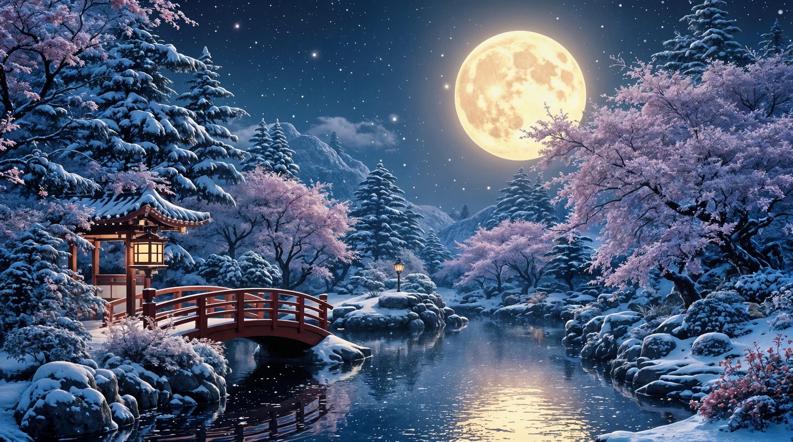 Moonlit Serene Japanese Garden in Winter