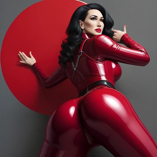 Figure in Red Latex Catsuit with Body Harness