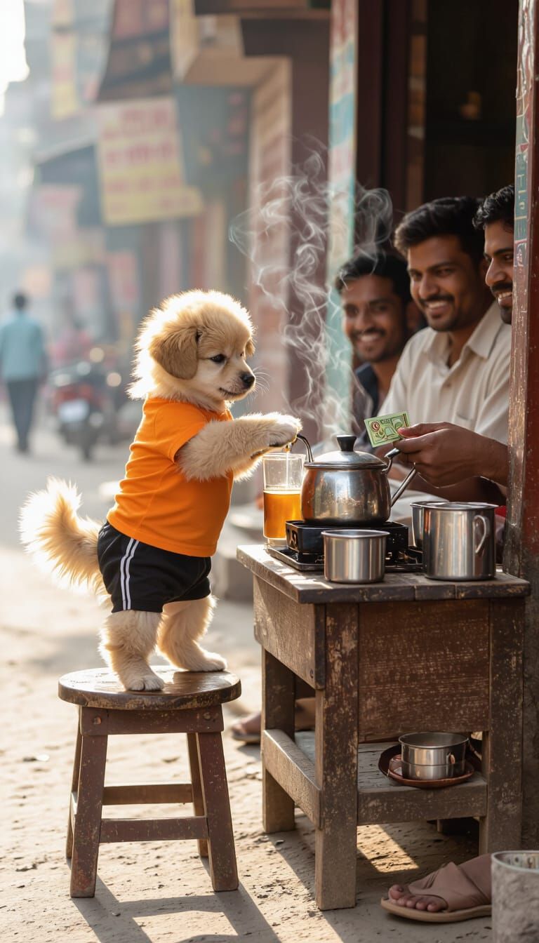 Hardworking Puppy Serves Tea on Dusty Indian Street