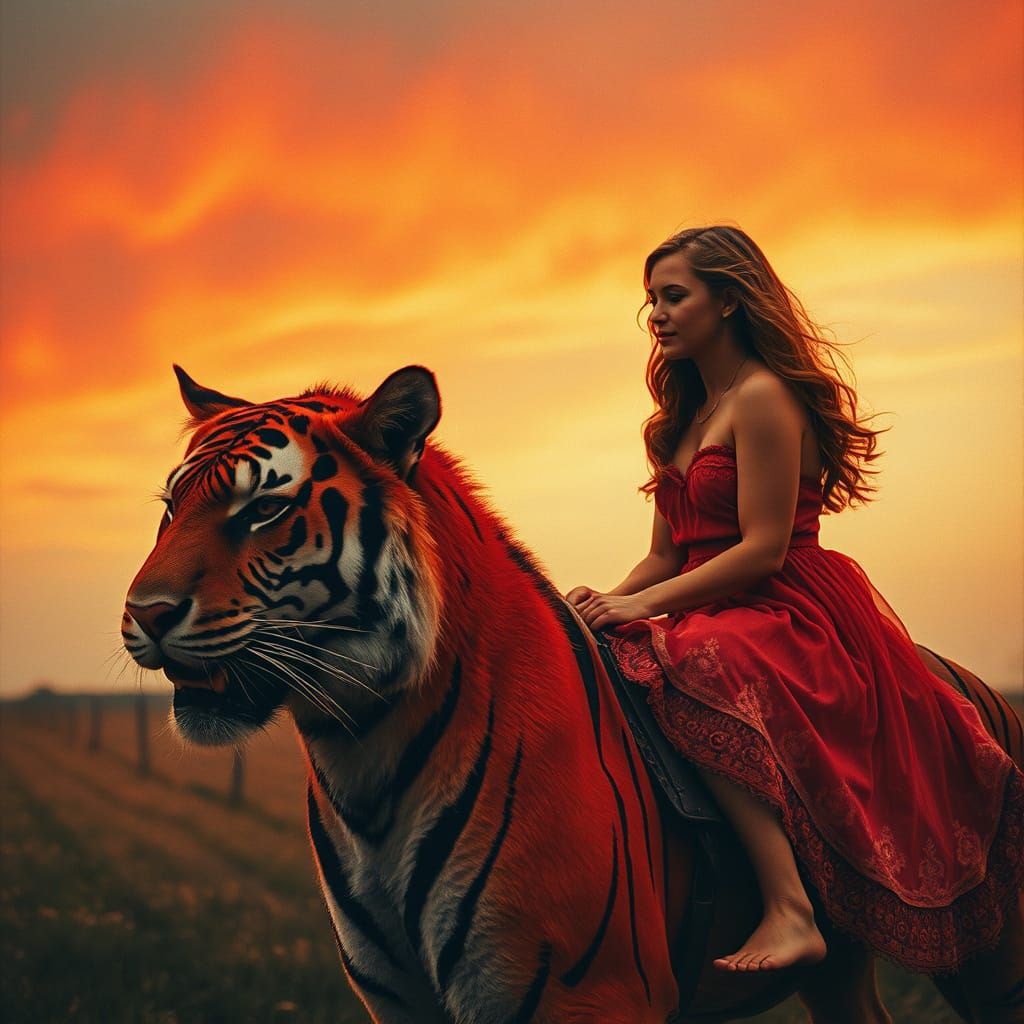 Woman Rides a Fire-Red Tiger in Monotype Style