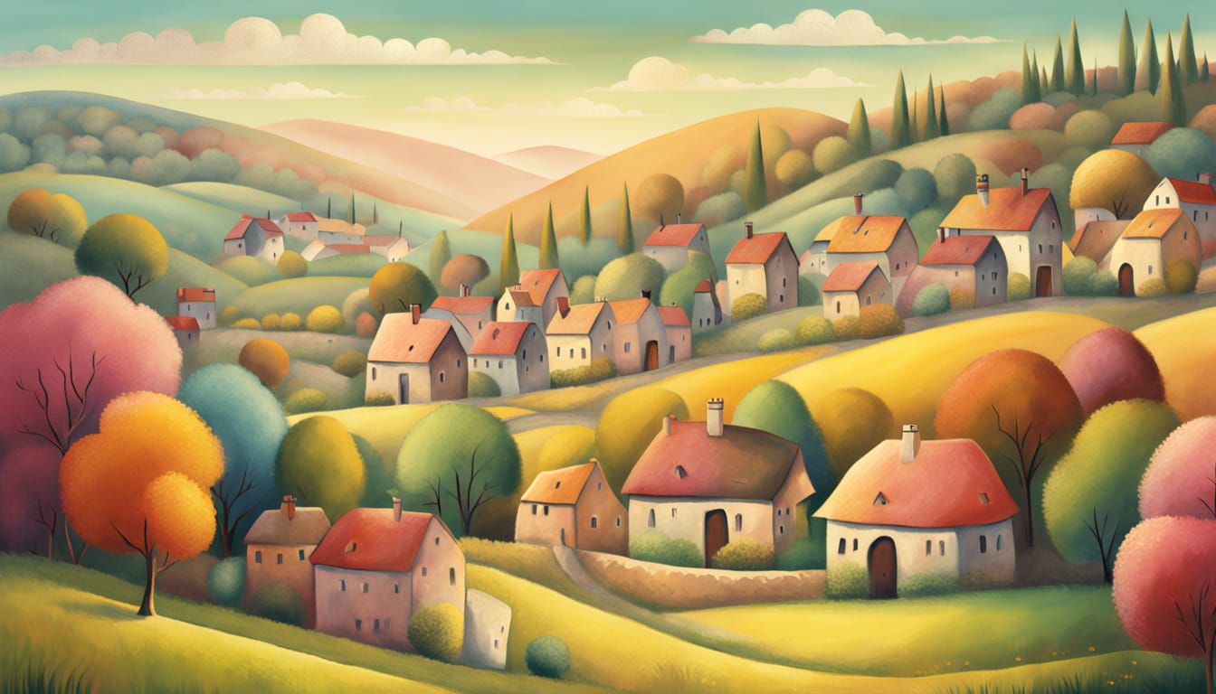 Idyllic Village Landscape in Folk Art Style