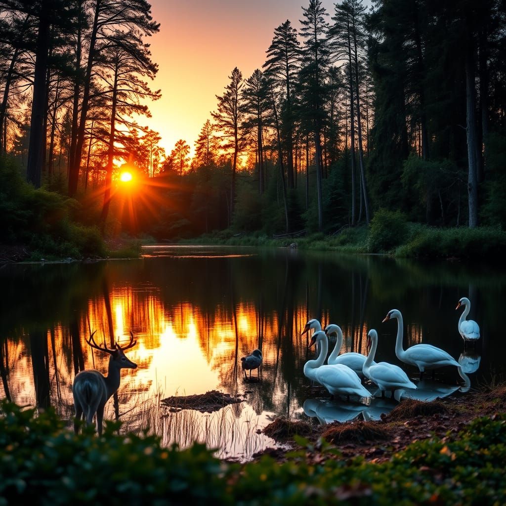 Serene Forest Lake at Sunset in Vibrant Color