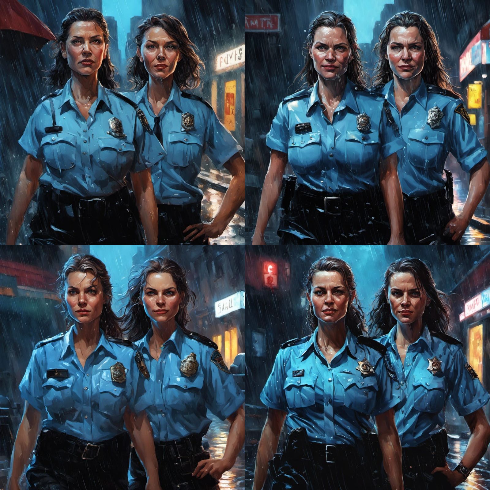Rain-soaked Policewomen in Neon Alleyway Portrait
