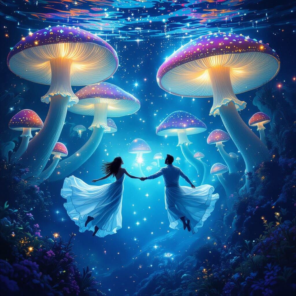 Surreal Underwater Ballet With Giant Fly Agaric Mushrooms